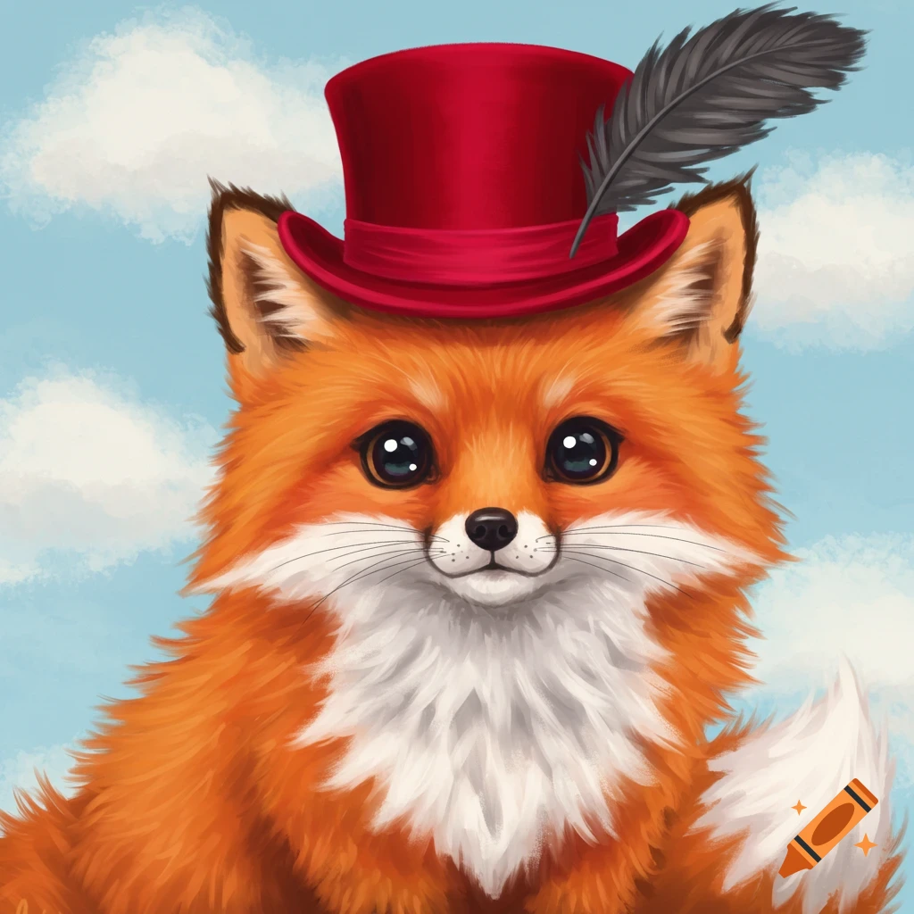 A cute fox wearing a red top hat with a feather against a cloudy sky.