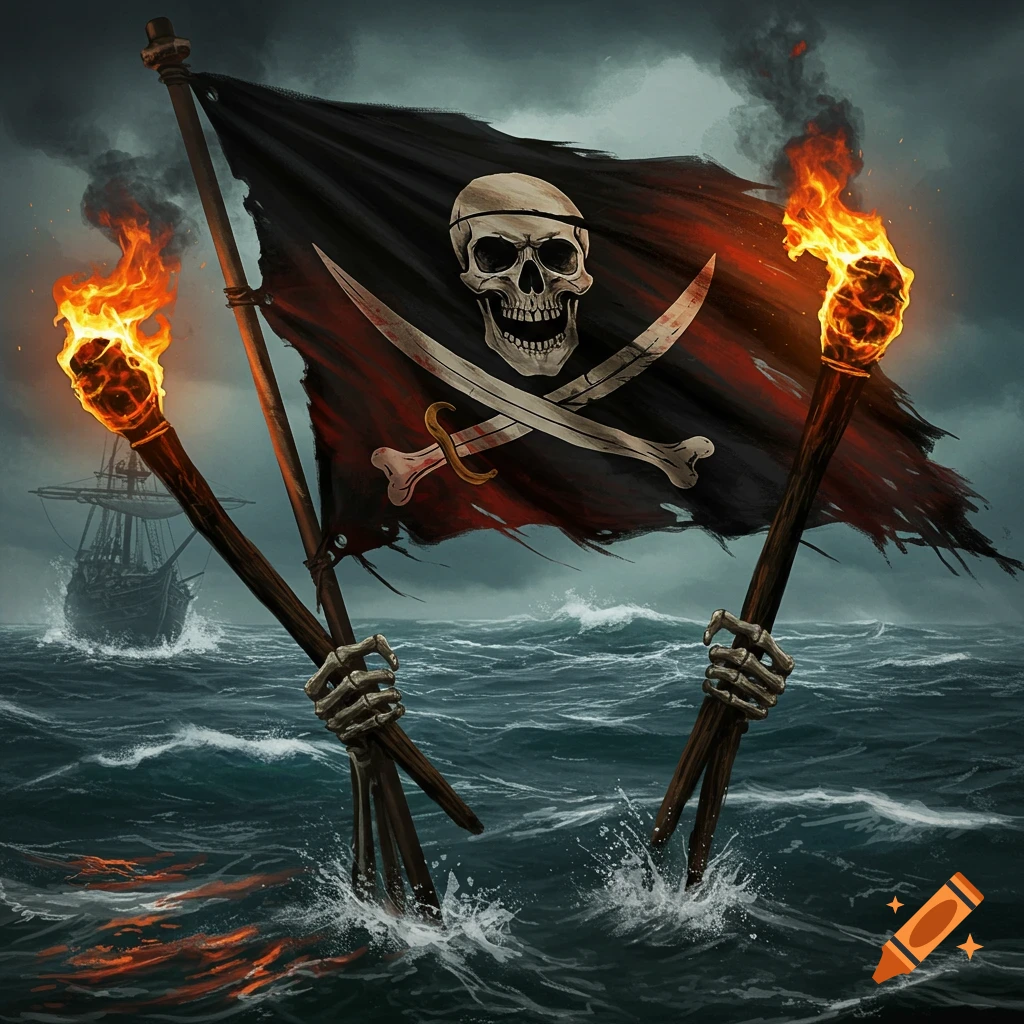 A pirate Jolly Roger flag with a skull and crossed bones is held aloft by skeletal hands rising from stormy seas, with torches and a ship in the background.
