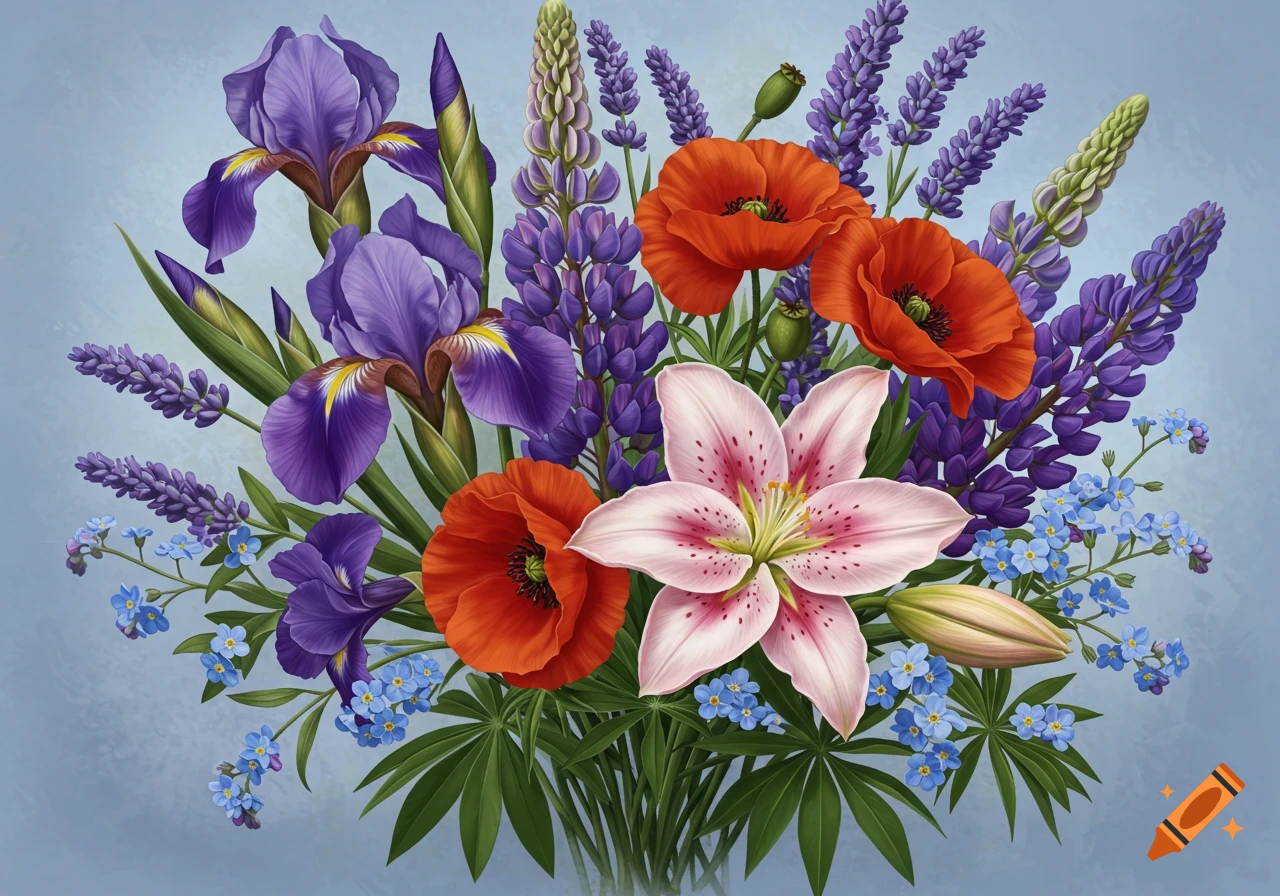 A vibrant bouquet of purple irises, red poppies, pink lily, purple lupine, and blue forget-me-nots against a blue background.