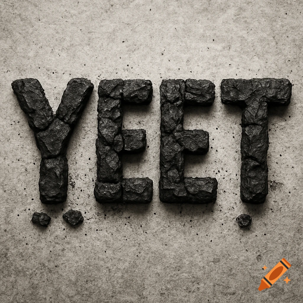 The word YEET rendered in rough black coal texture on a textured concrete background