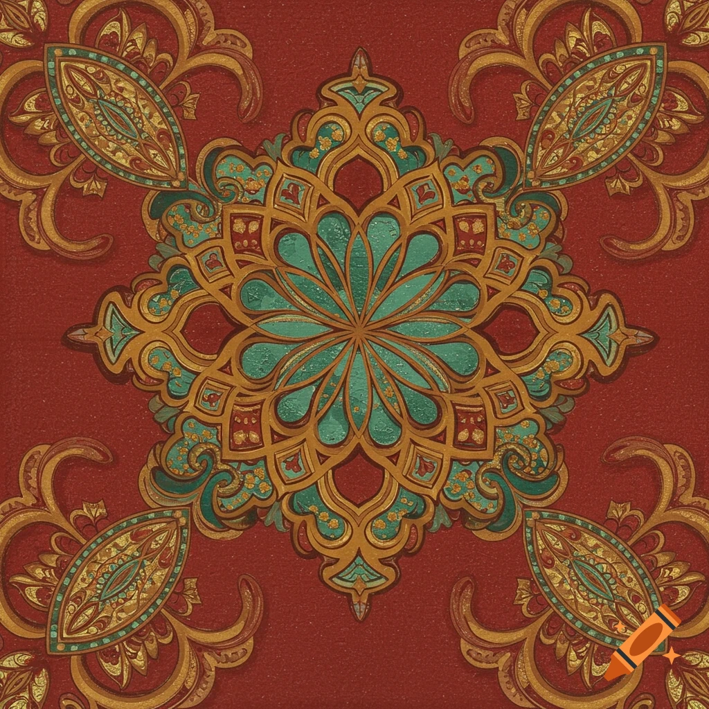 A detailed mandala pattern in red, teal, and gold