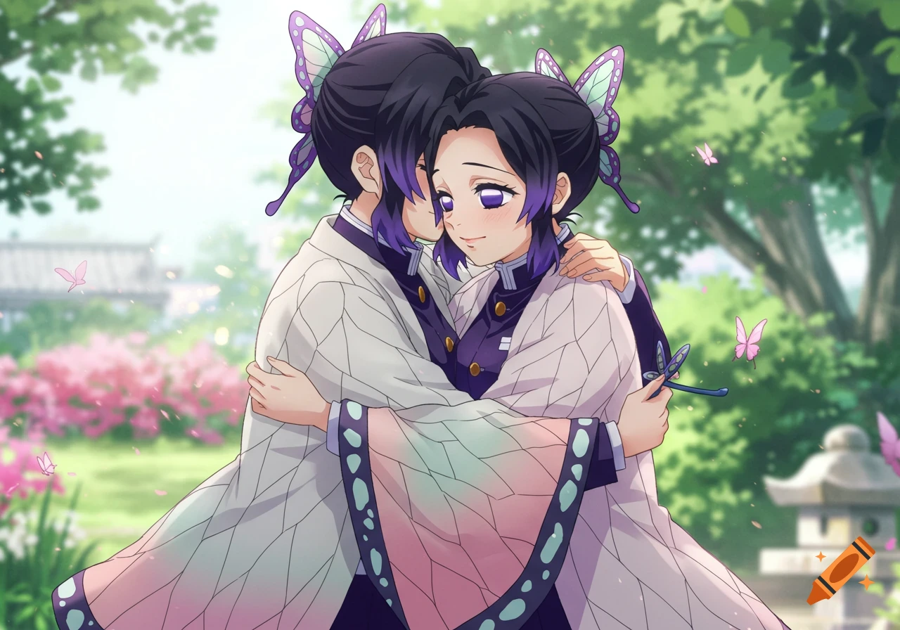 Two anime characters with butterfly hairpins hug in a sunny garden.