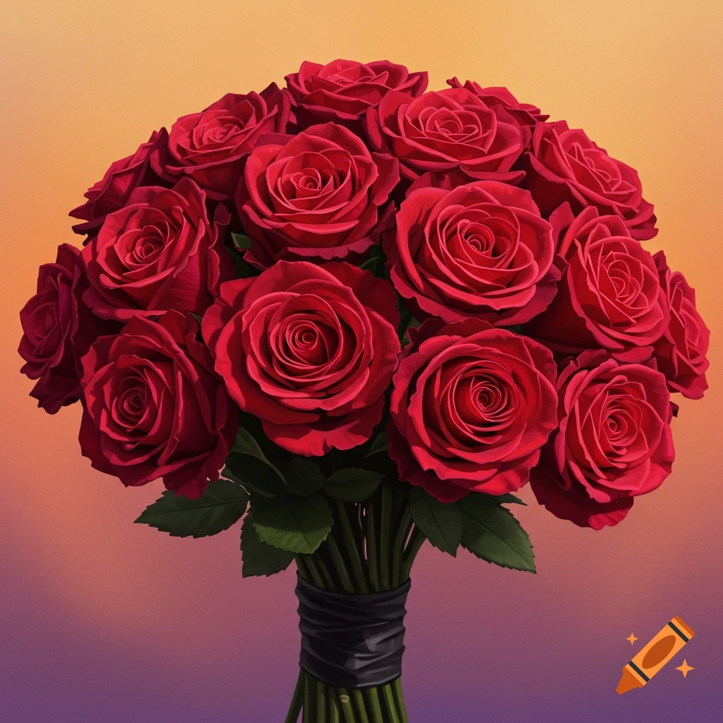 A large bouquet of deep red roses tied with a black ribbon against a gradient background.