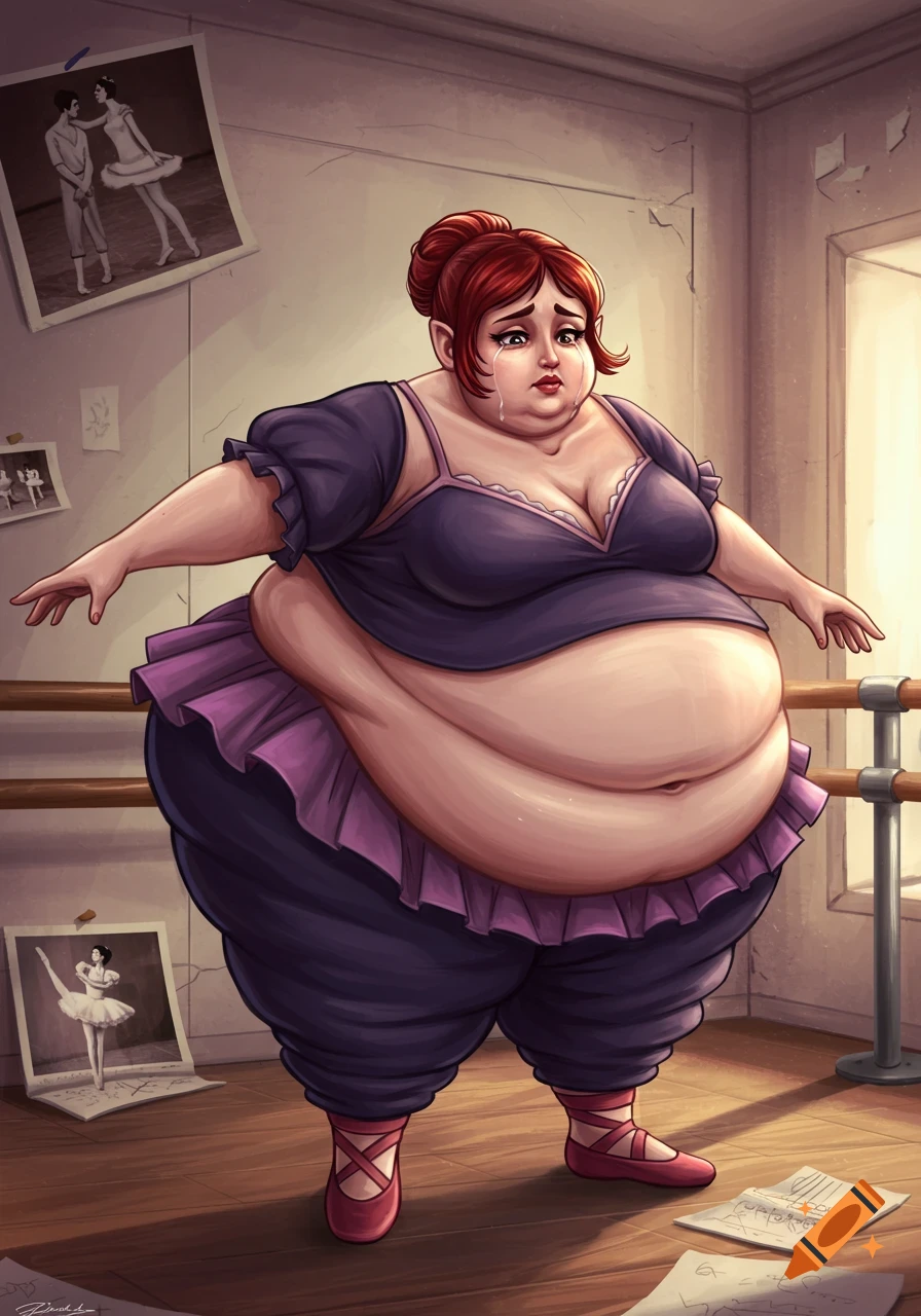 Illustration of an obese woman in a ballet studio, wearing a purple outfit, looking sad with tears.