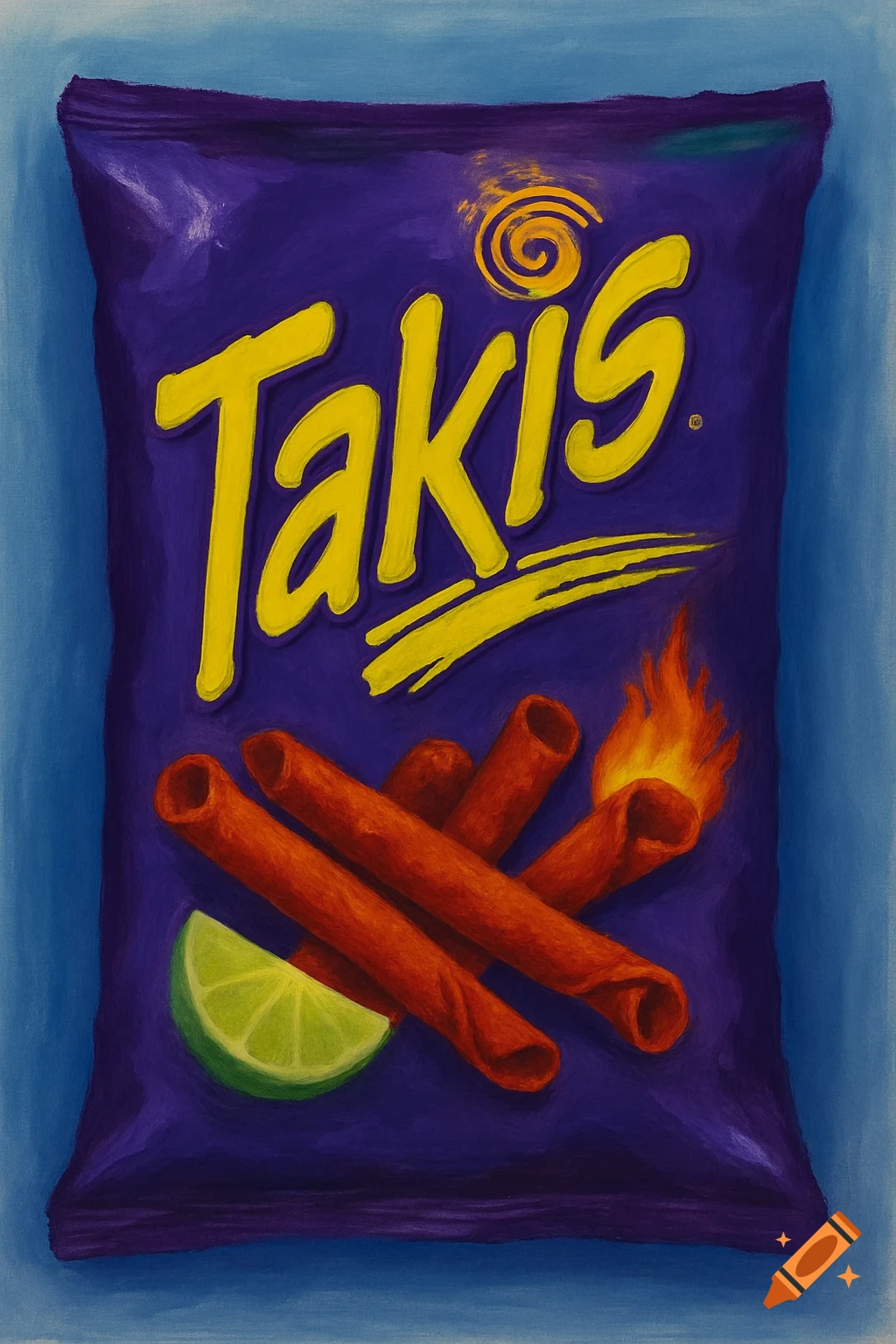 Painting of a bag of Takis chips with chips and a lime.