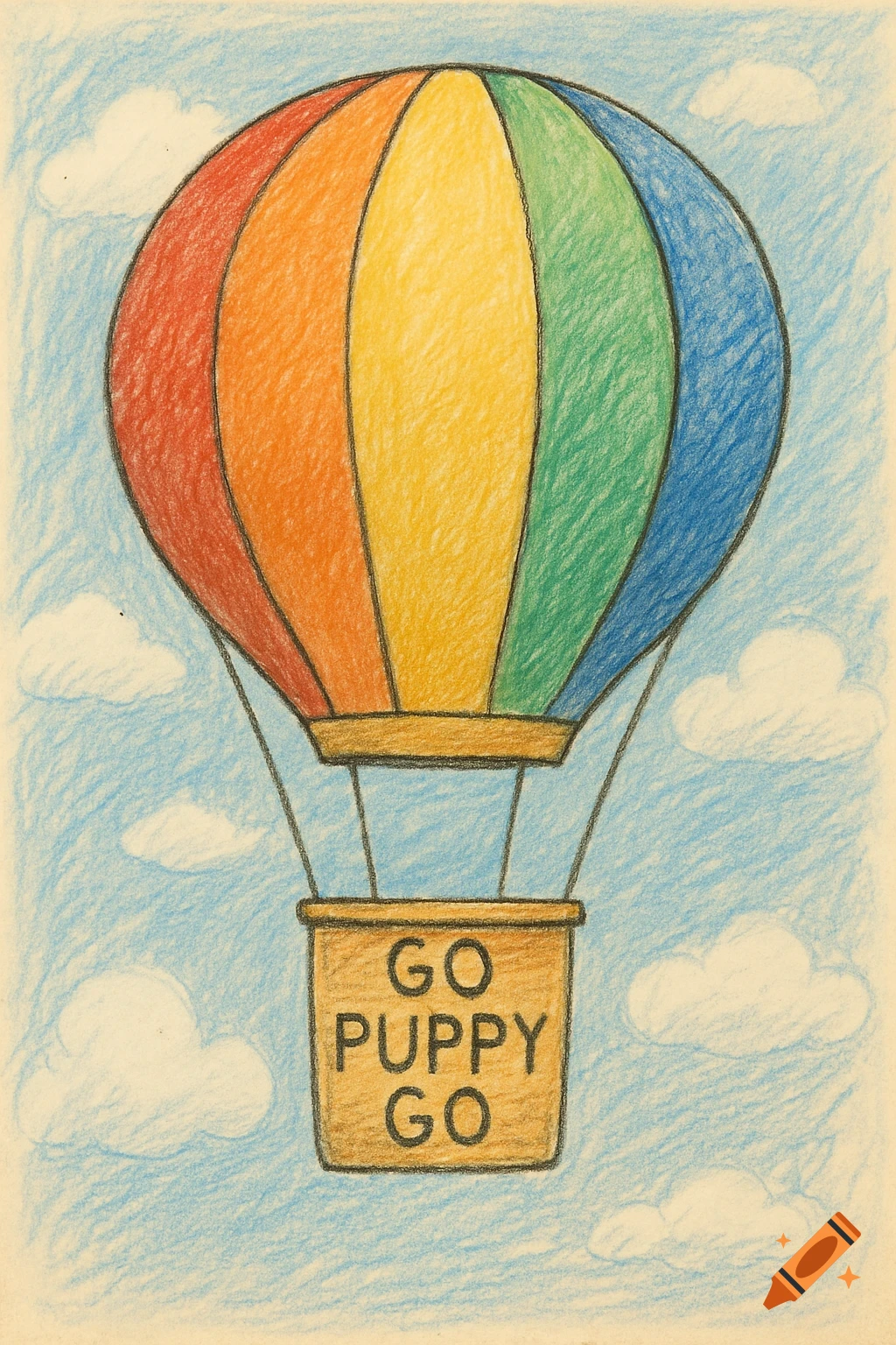 A colored pencil drawing of a rainbow hot air balloon in a blue sky with clouds. The basket has the words "GO PUPPY GO" on it.