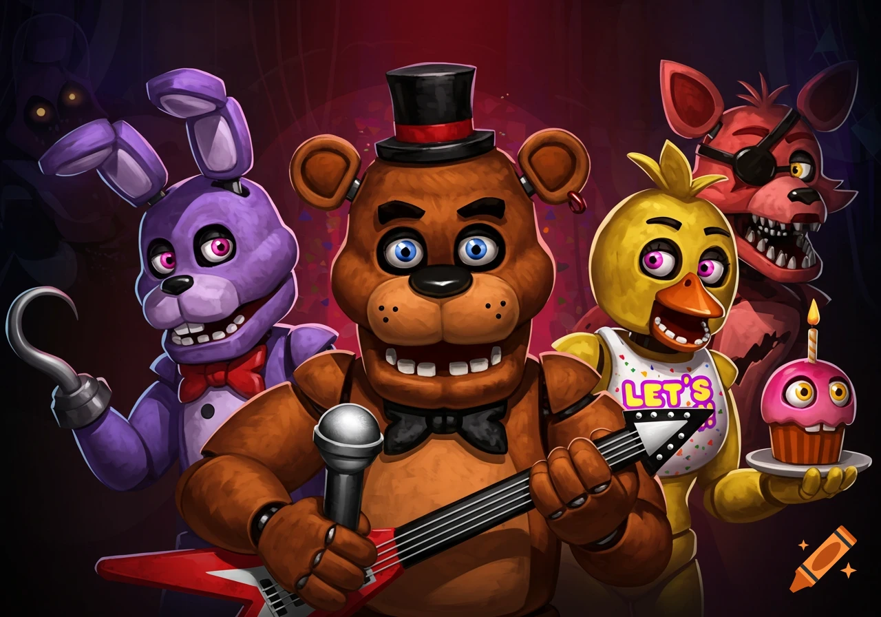 Four animatronic characters from Five Nights at Freddy's: Freddy, Bonnie, Chica, and Foxy are together, Freddy holding a guitar.