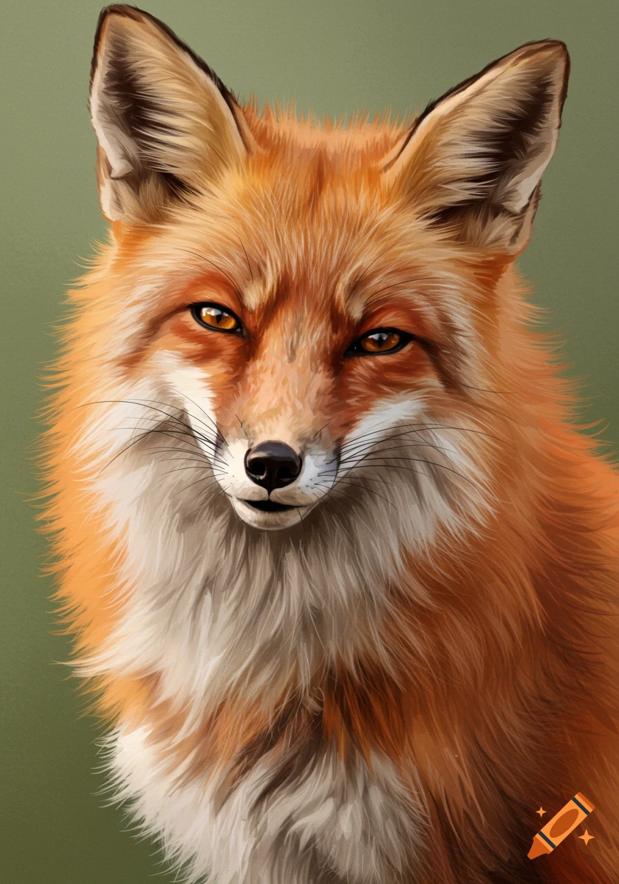 Close-up digital painting portrait of a red fox with a smug grin.