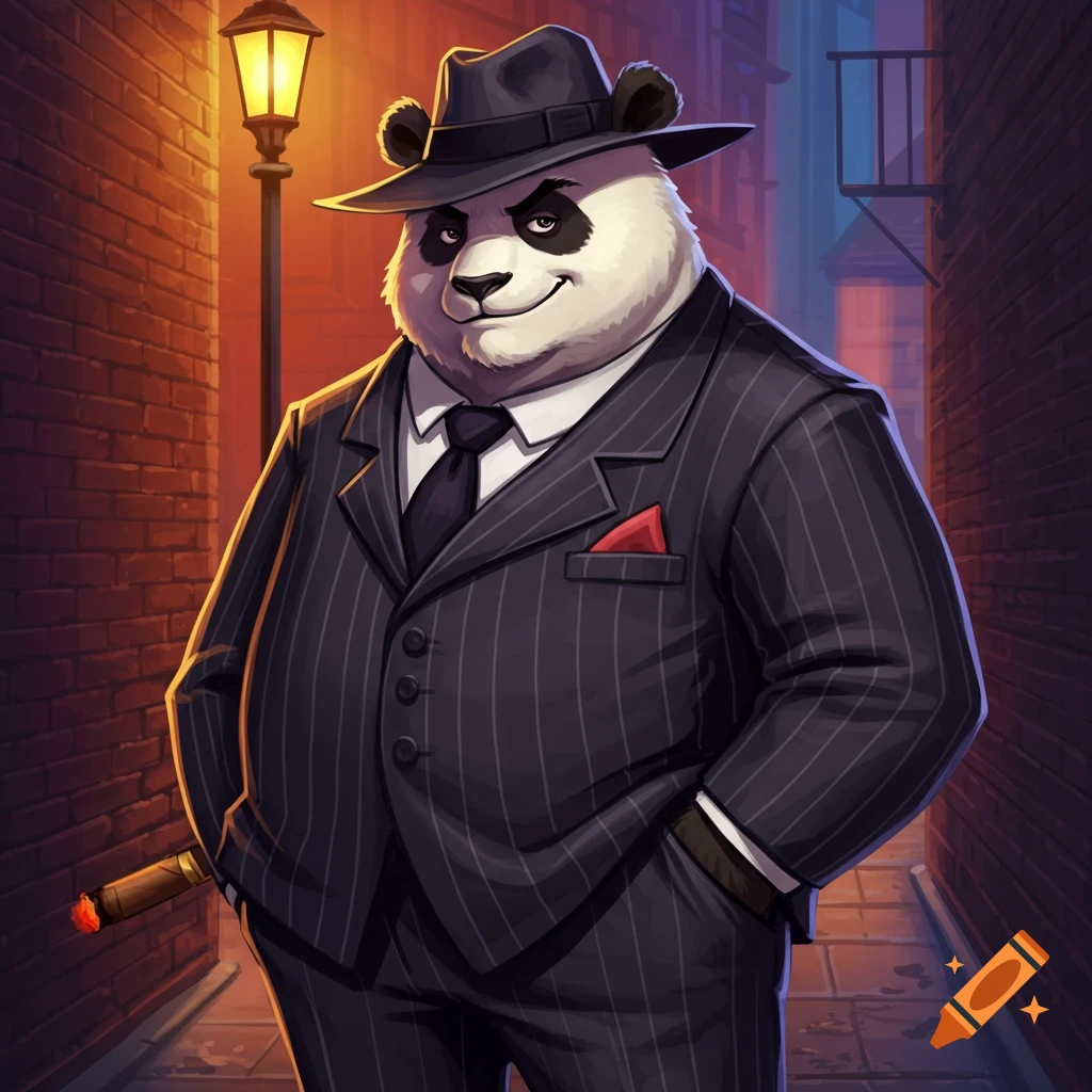 Cartoon panda in pinstripe suit and fedora standing in a dark alley.