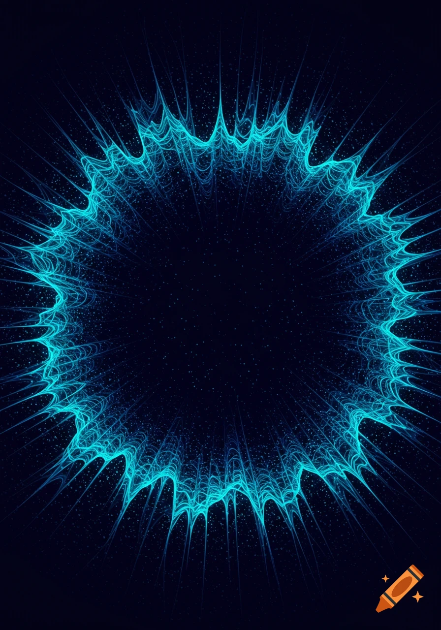 A circular, spiky abstract shape of glowing blue light against a dark blue background with scattered points of light.
