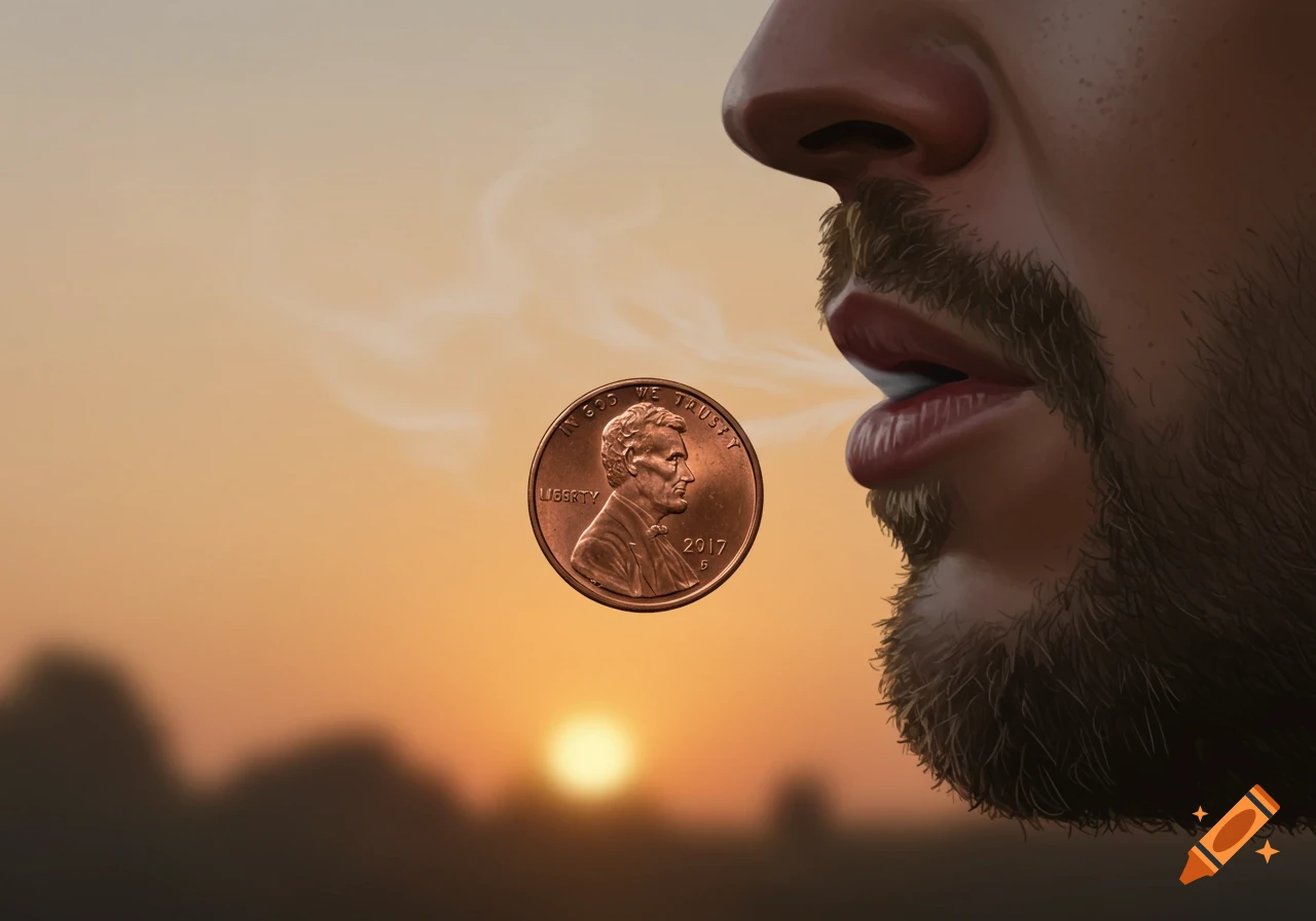 Close-up of a man's face blowing on a floating penny with a sunset background.