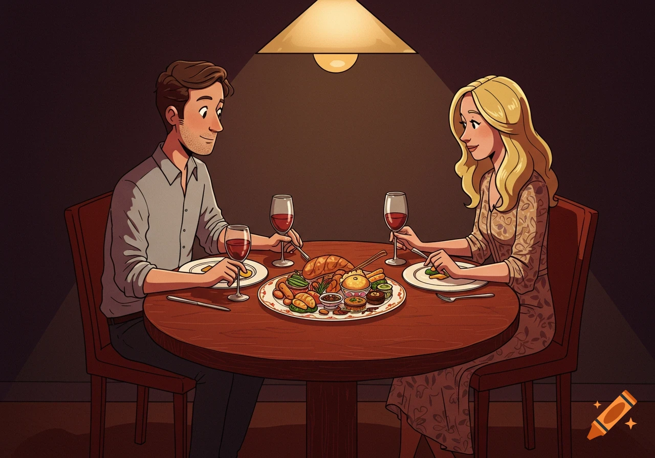 2D illustration of a man and woman having dinner at a table with food and wine