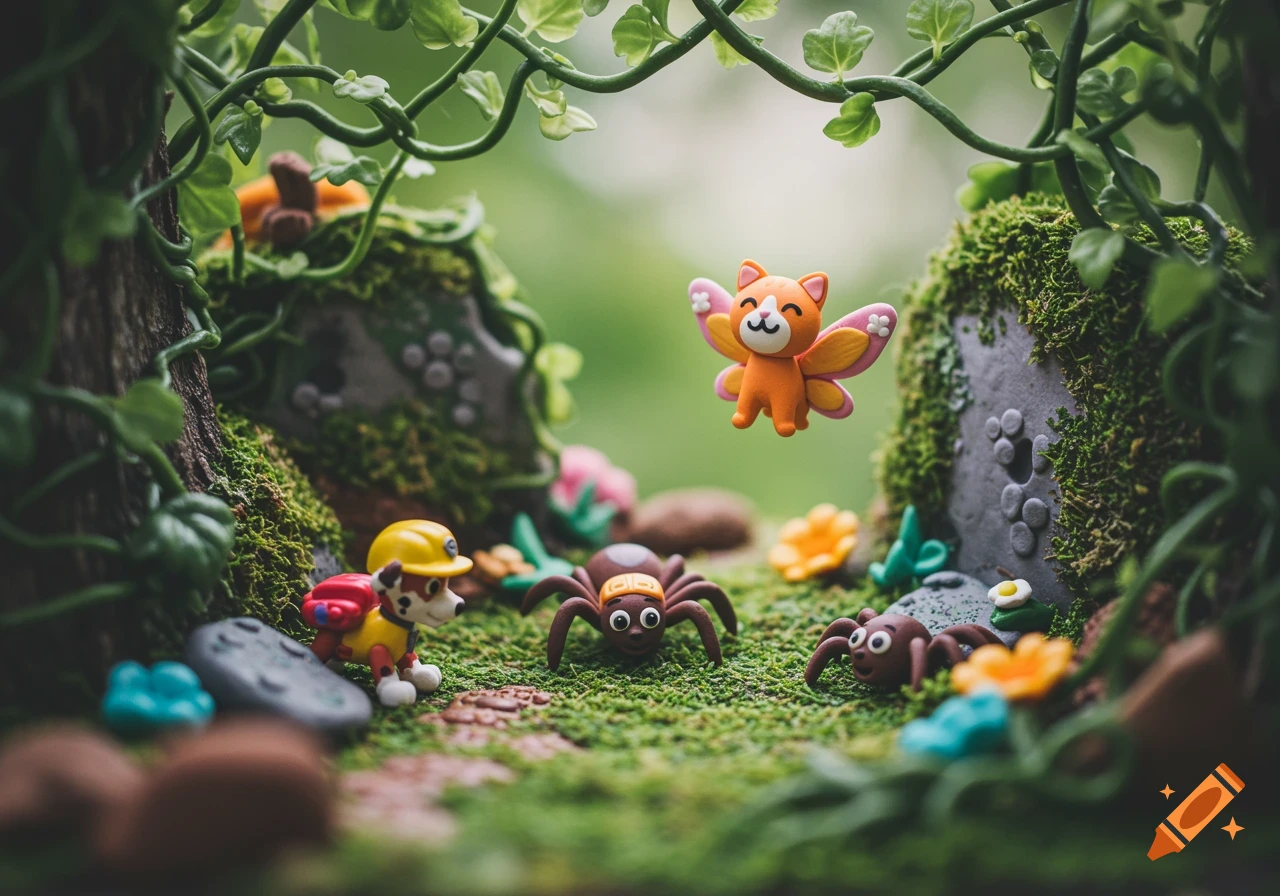 Miniature clay diorama of a cat-butterfly flying over toy spiders and a Paw Patrol figure in a mossy forest.