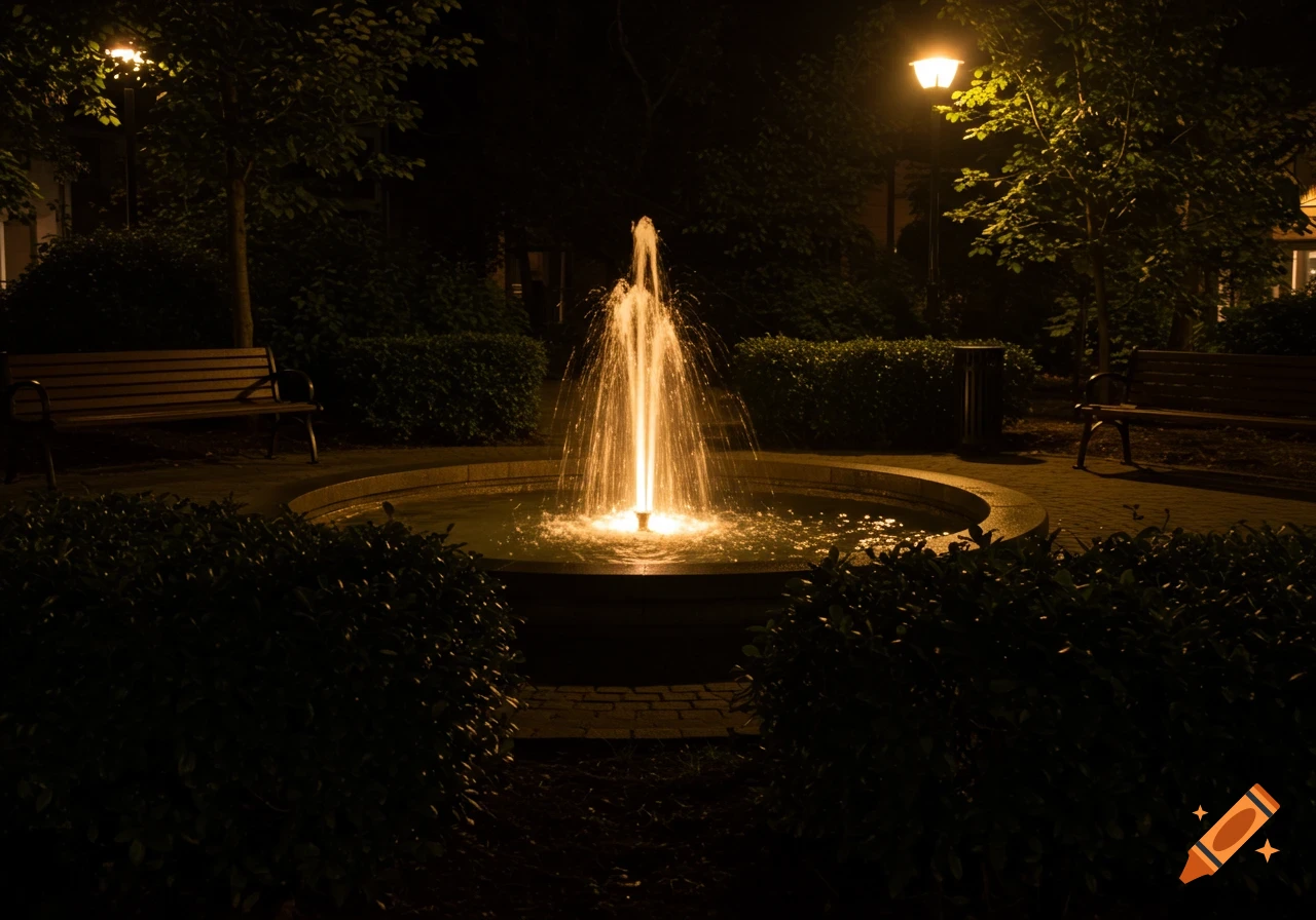 A lit fountain in a park at night with benches and trees.