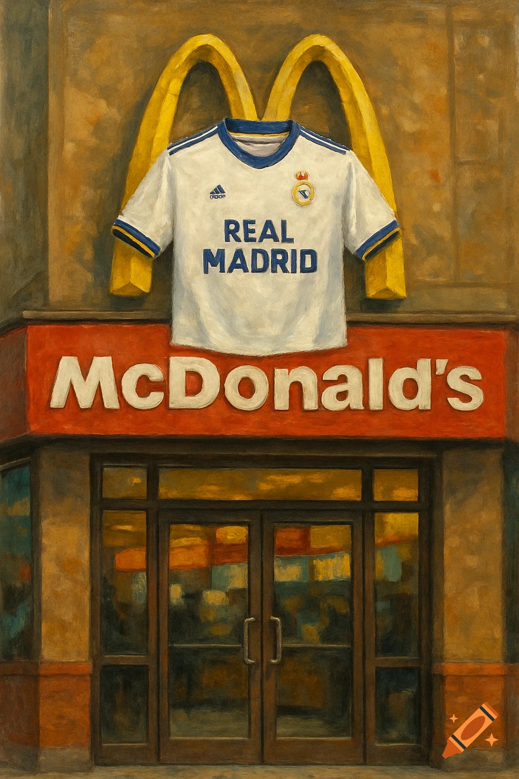 A painting of a Real Madrid football shirt hanging on a McDonald's sign