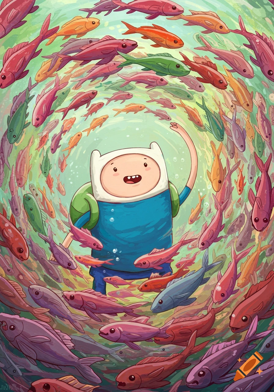 Finn from Adventure Time swimming underwater surrounded by colorful fish in an illustration style.