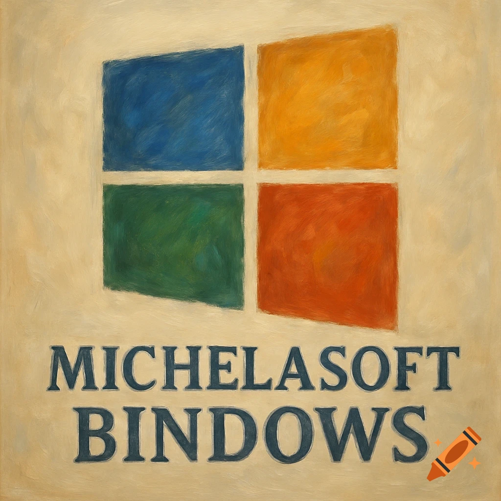 A painted logo with four colored squares (blue, yellow, green, red) above the text "MICHELASOFT BINDOWS".