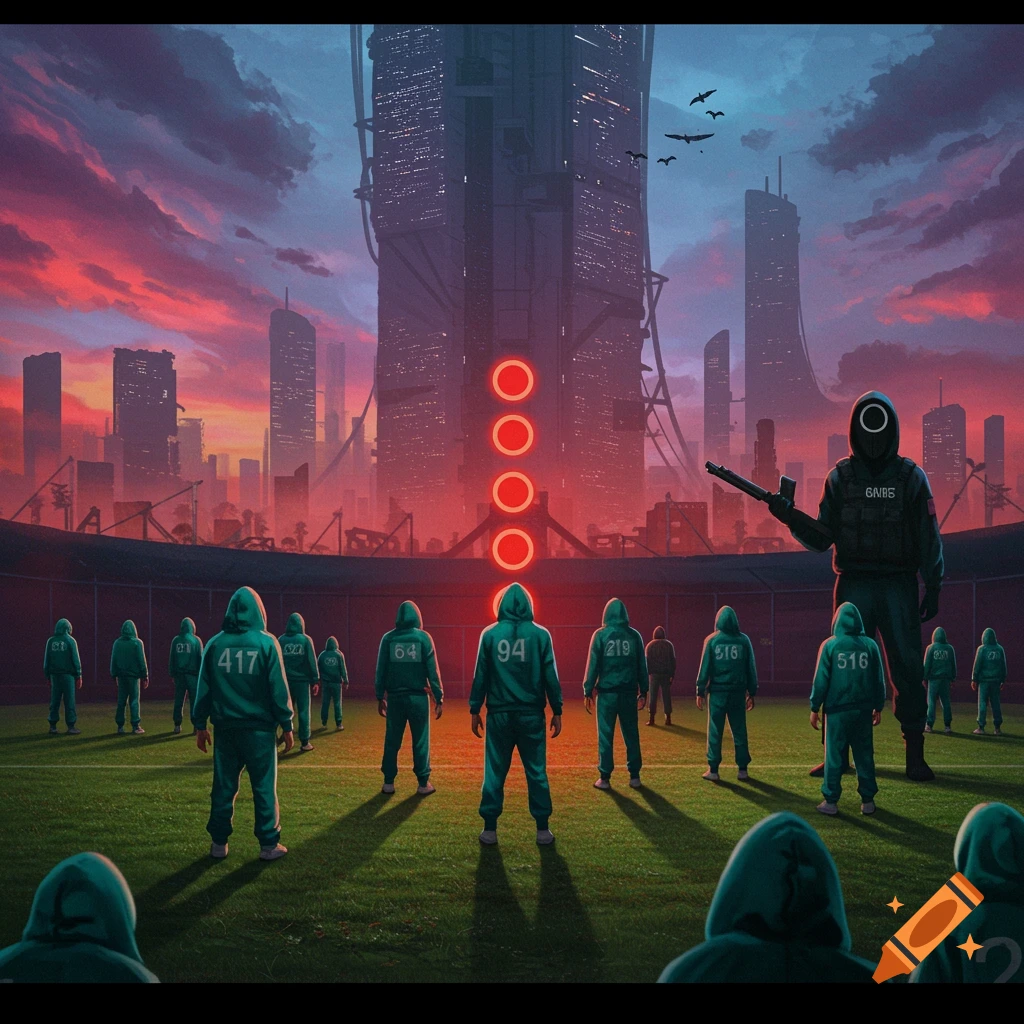 A crowd of figures in green tracksuits with numbers on their backs stand on a field before a masked guard and a large futuristic building under a red sky.