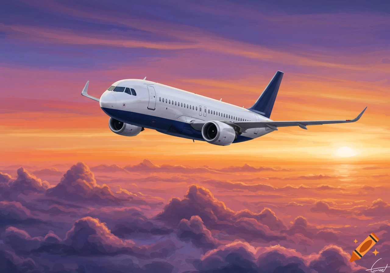 A white and blue airplane flies over clouds during a vibrant orange and purple sunset.