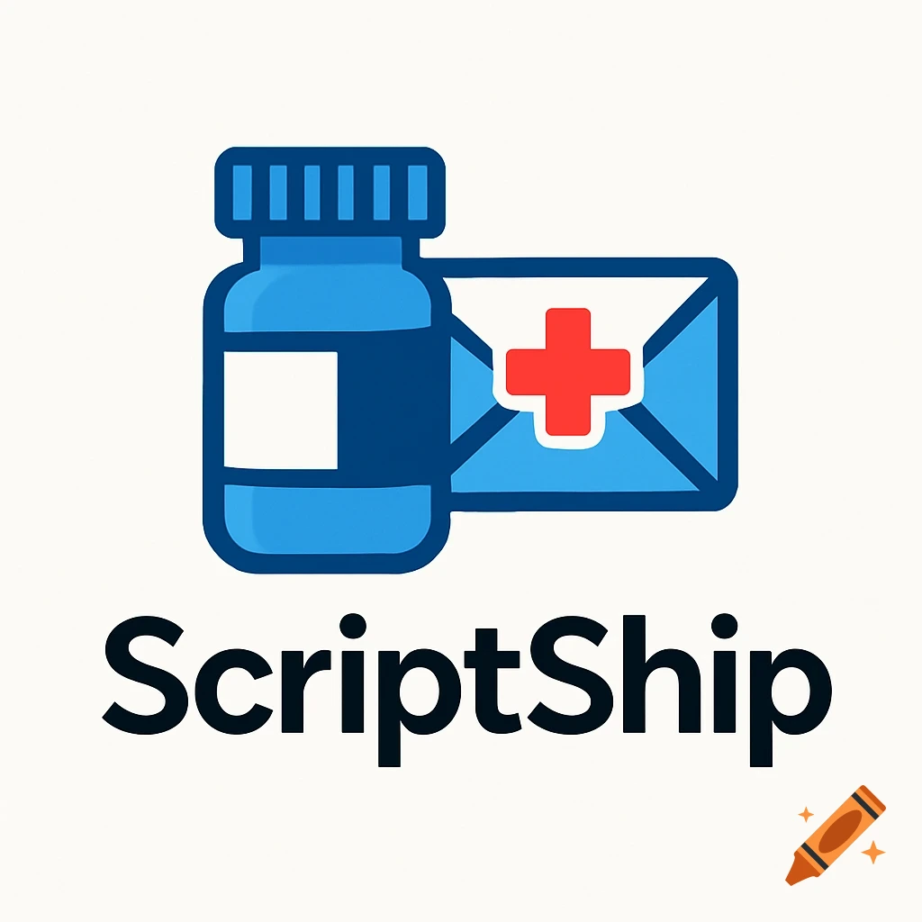 Logo for ScriptShip, featuring a blue pill bottle and an envelope with a red cross.