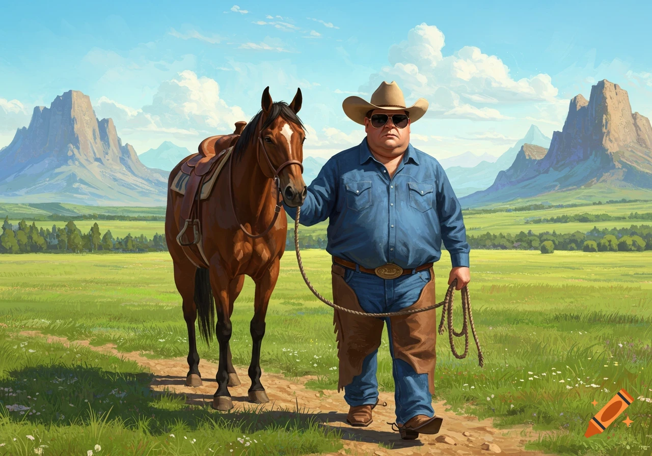 A large cowboy with sunglasses leads a horse along a path in a mountainous landscape.
