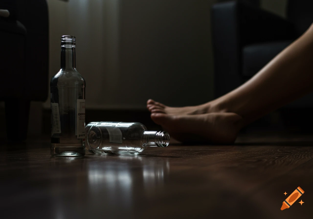 Empty glass bottles on a dark wooden floor, feet visible in the background.
