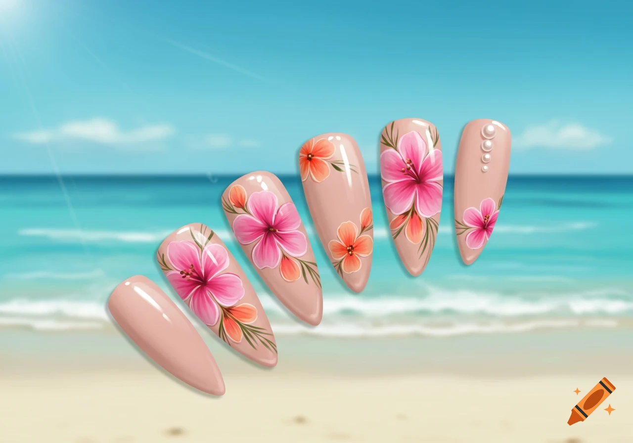 Floral and pearl decorated almond nails on a beach