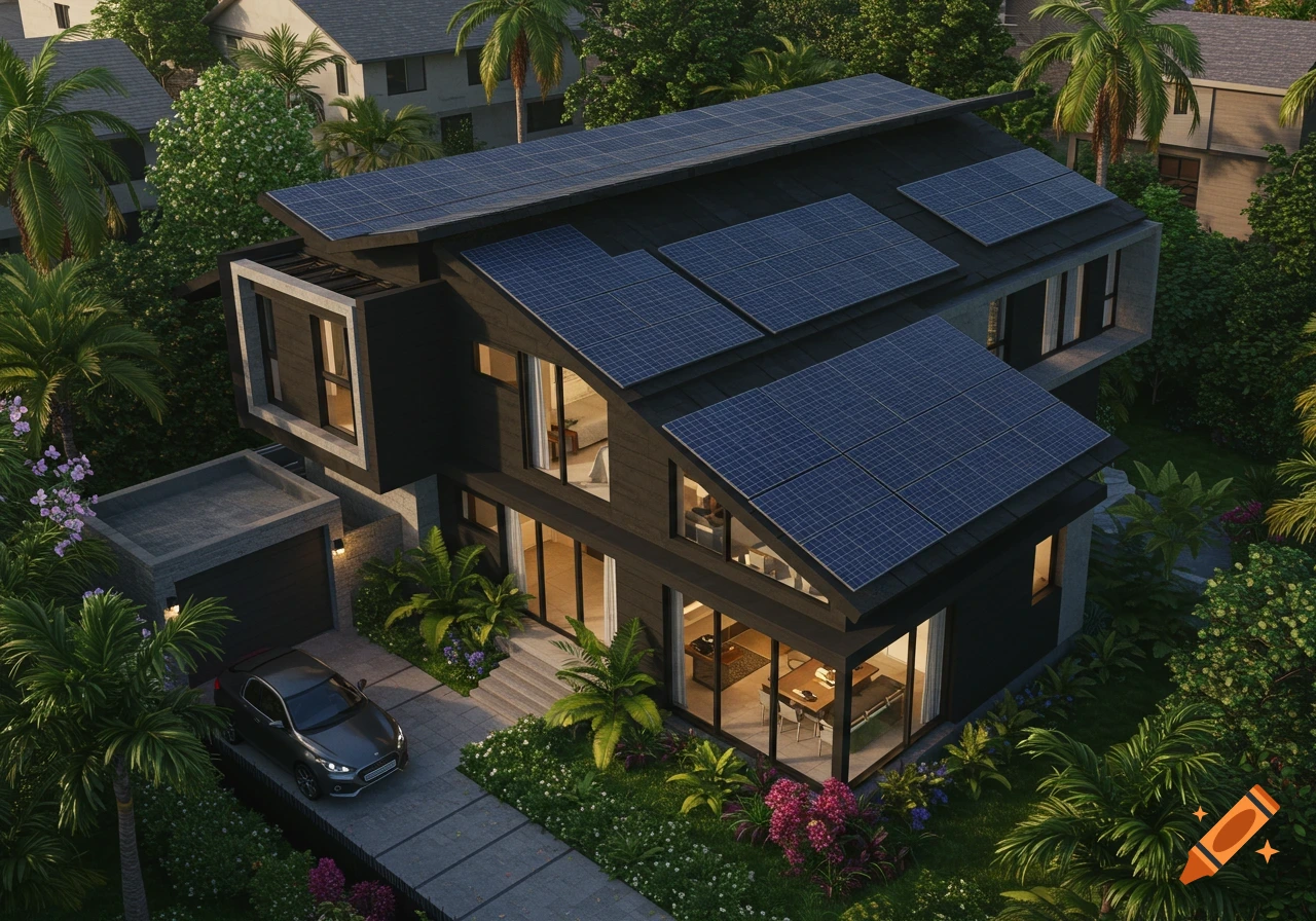Modern black house with solar panels and car in tropical landscape