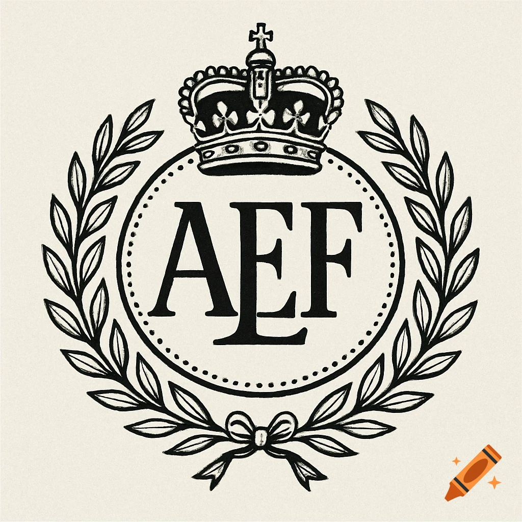 Black and white royal crest illustration with a crown, olive wreath, and the letters AEF in a circle.