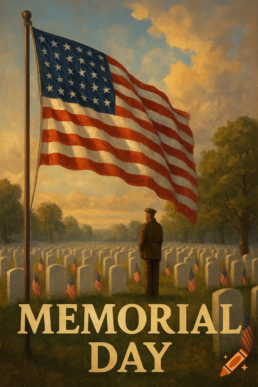 American flag waves over a soldier standing in a cemetery with many graves, text reads Memorial Day, painterly style.