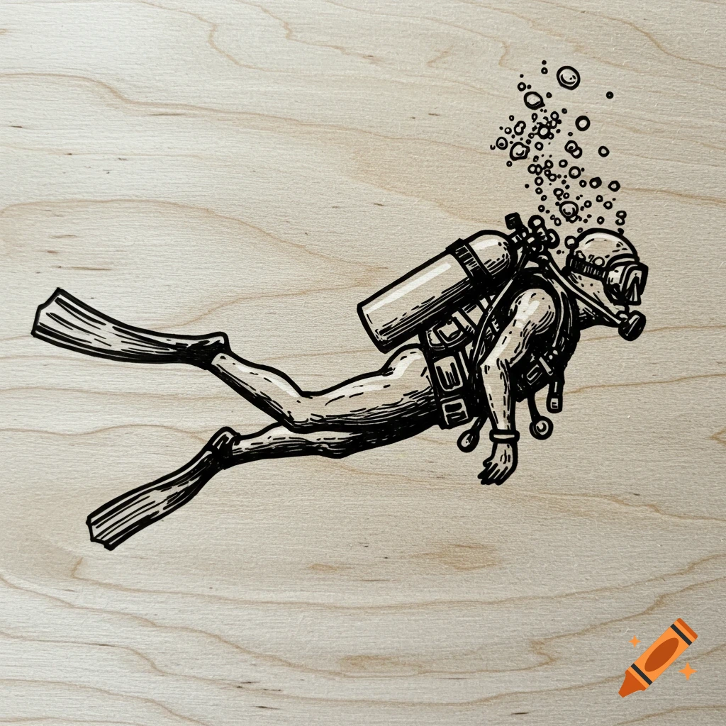 Black and white illustration of a diver swimming with bubbles on a wood background.