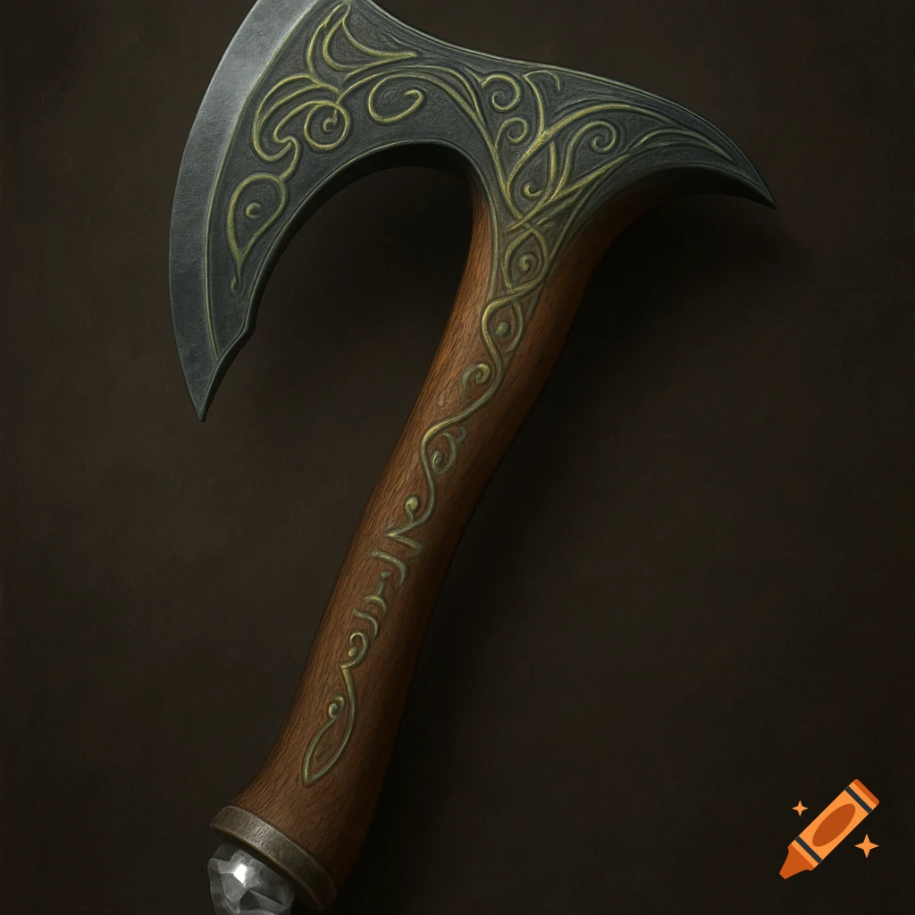 Close-up of a fantasy axe with a wooden handle, metal blade, and gold filigree decoration.