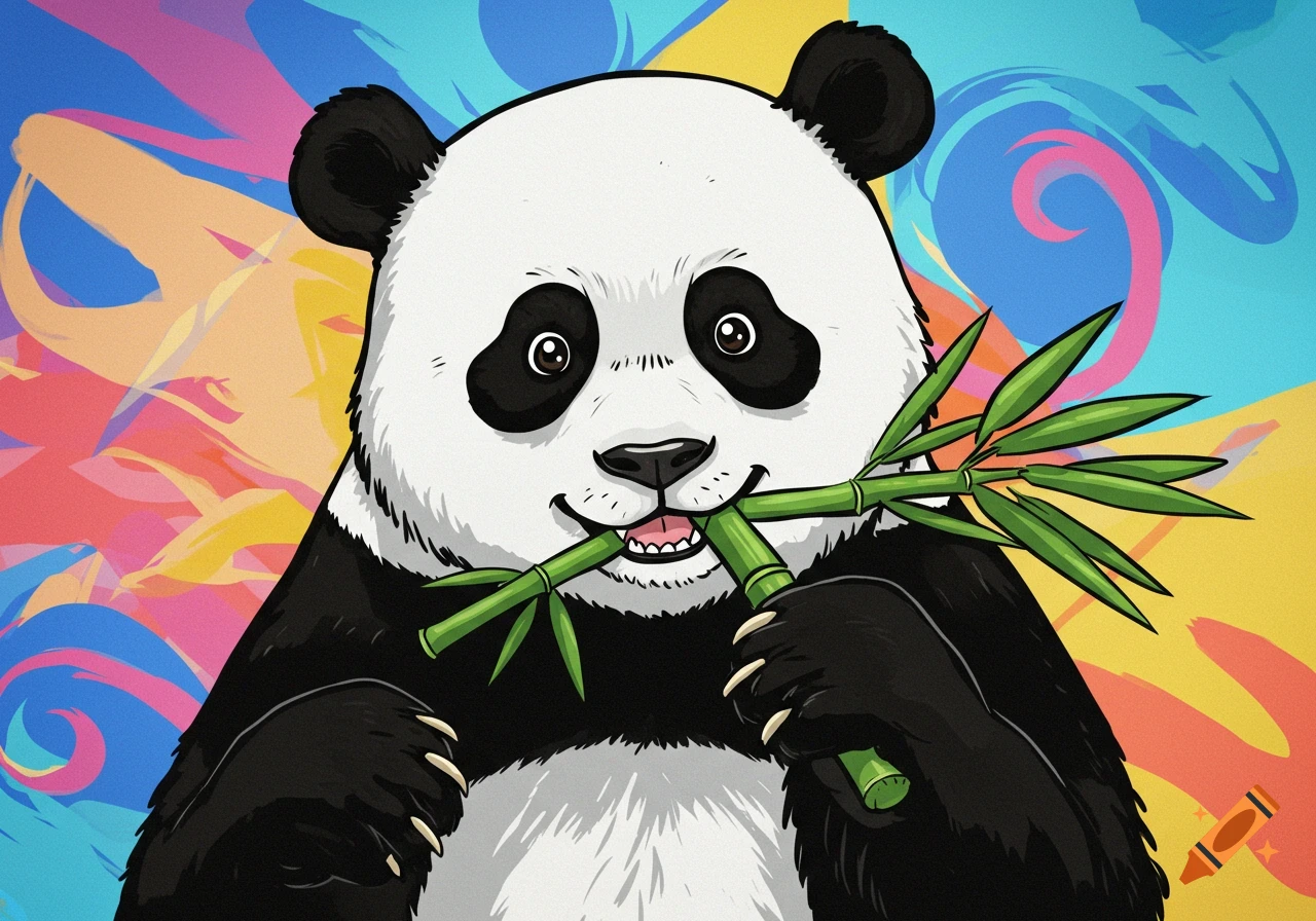 A cartoon panda eating bamboo against a colorful background.
