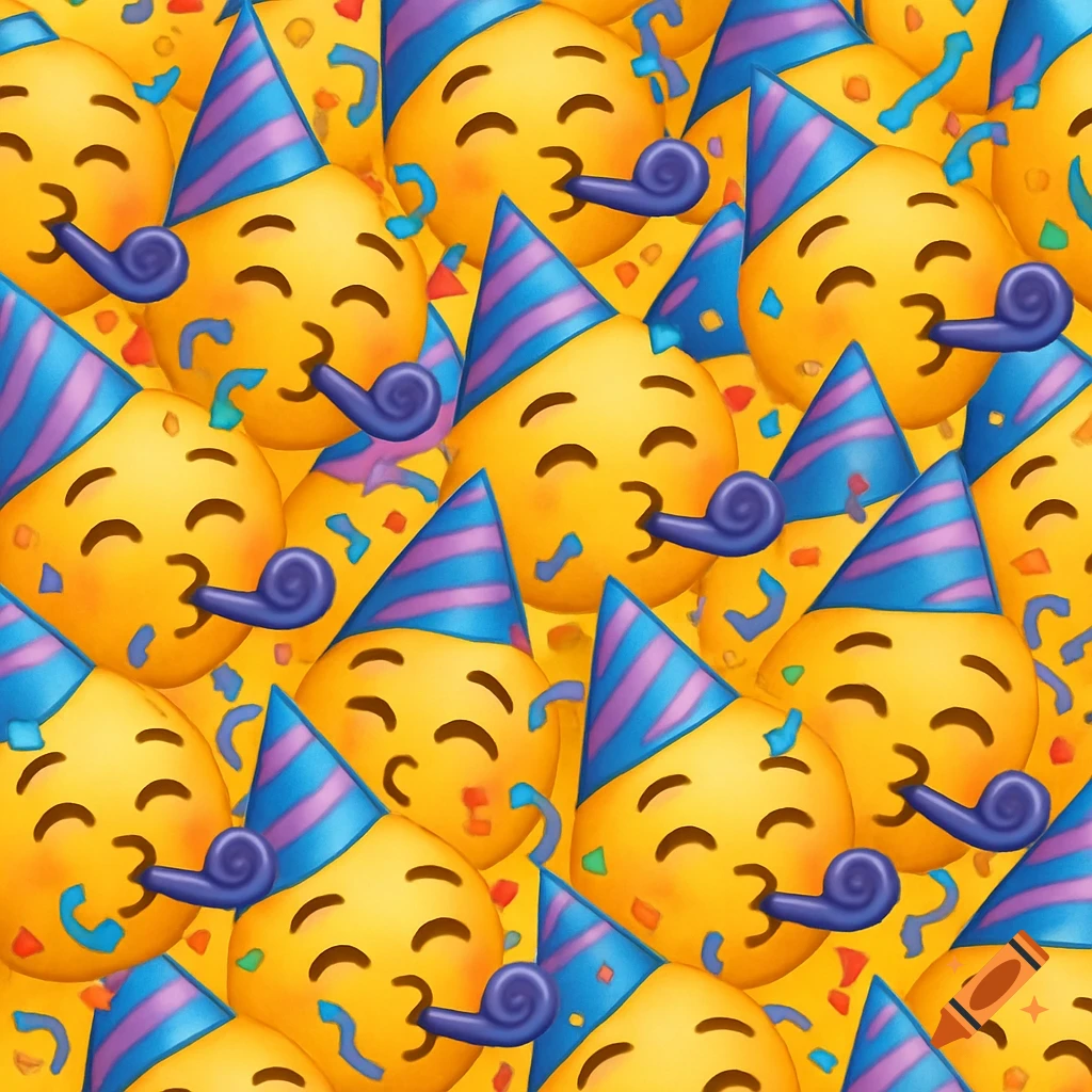 A repeating pattern of party emojis wearing hats and blowing horns, with scattered confetti.