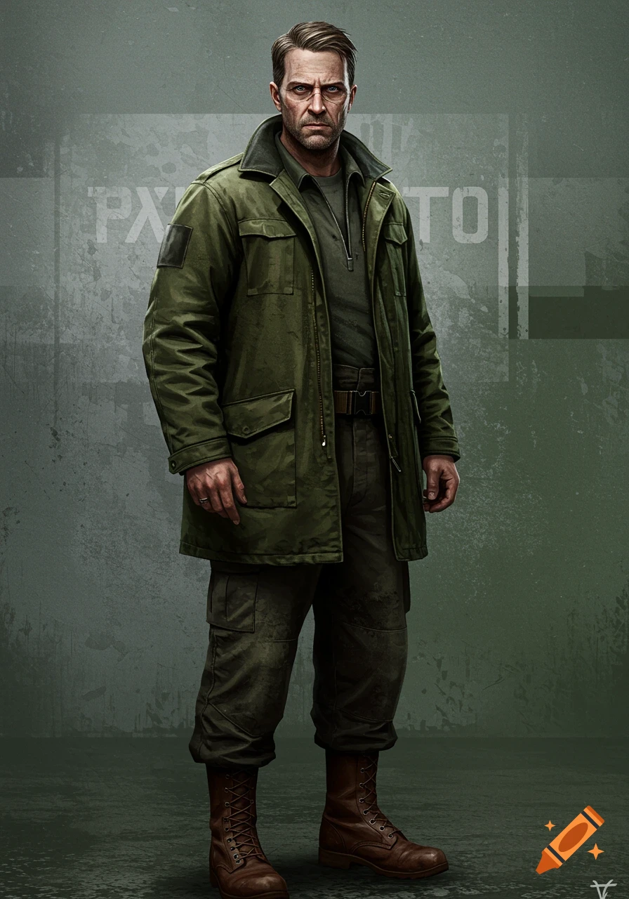 Full shot of a stern man in a green military coat and cargo pants ...