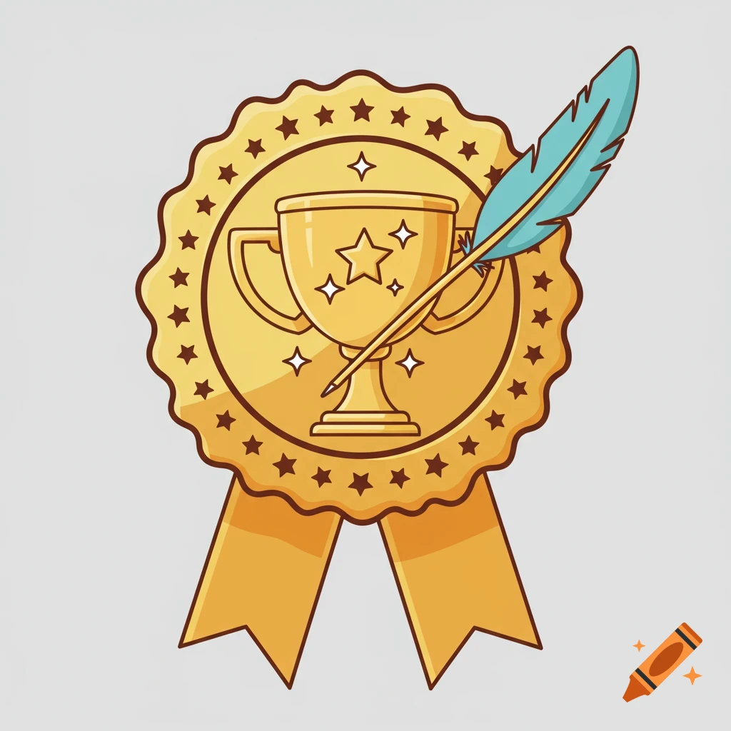 Cartoon gold achievement badge with trophy, feather pen, stars, and ribbon.