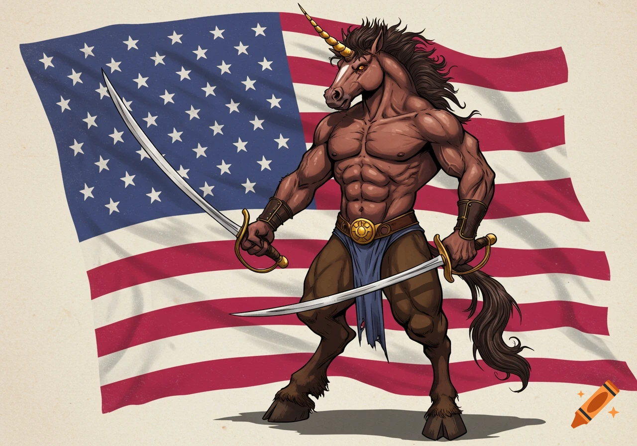 Strong bipedal unicorn holding sabres in front of an American flag, illustration style.