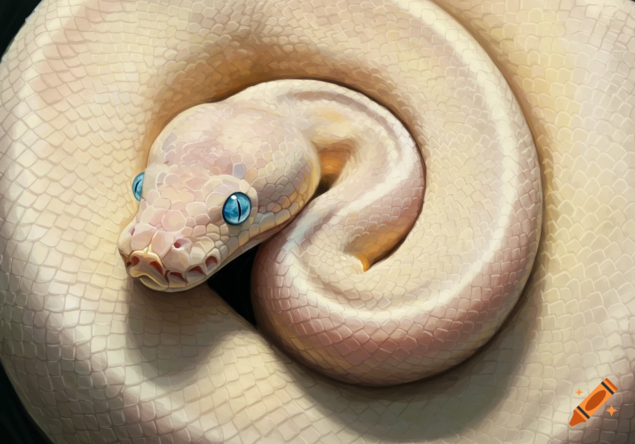 Close up digital painting of a coiled cream-colored ball python with blue eyes.