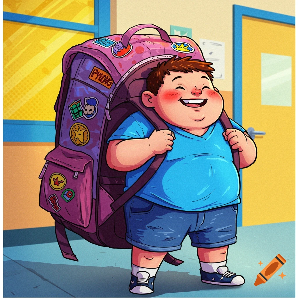 Cartoon illustration of a boy carrying a huge backpack, standing in a school hallway.