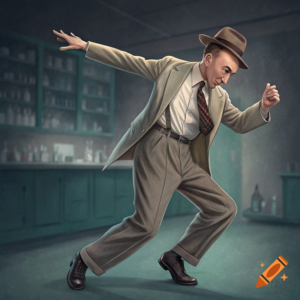 Man resembling Oppenheimer in suit and hat doing a dance pose in a room with shelves of bottles.