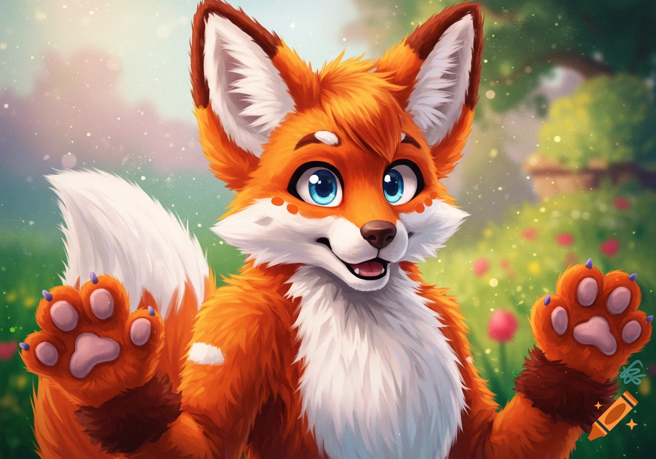Smiling cartoon furry fox with paws raised in a garden setting