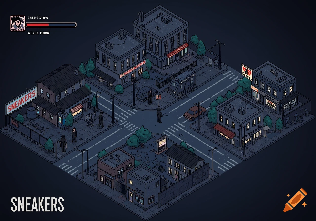 Isometric 2D game design of a dark city street intersection with buildings, cars, and people, in a retro, 90s style, with a sign reading 'SNEAKERS'.