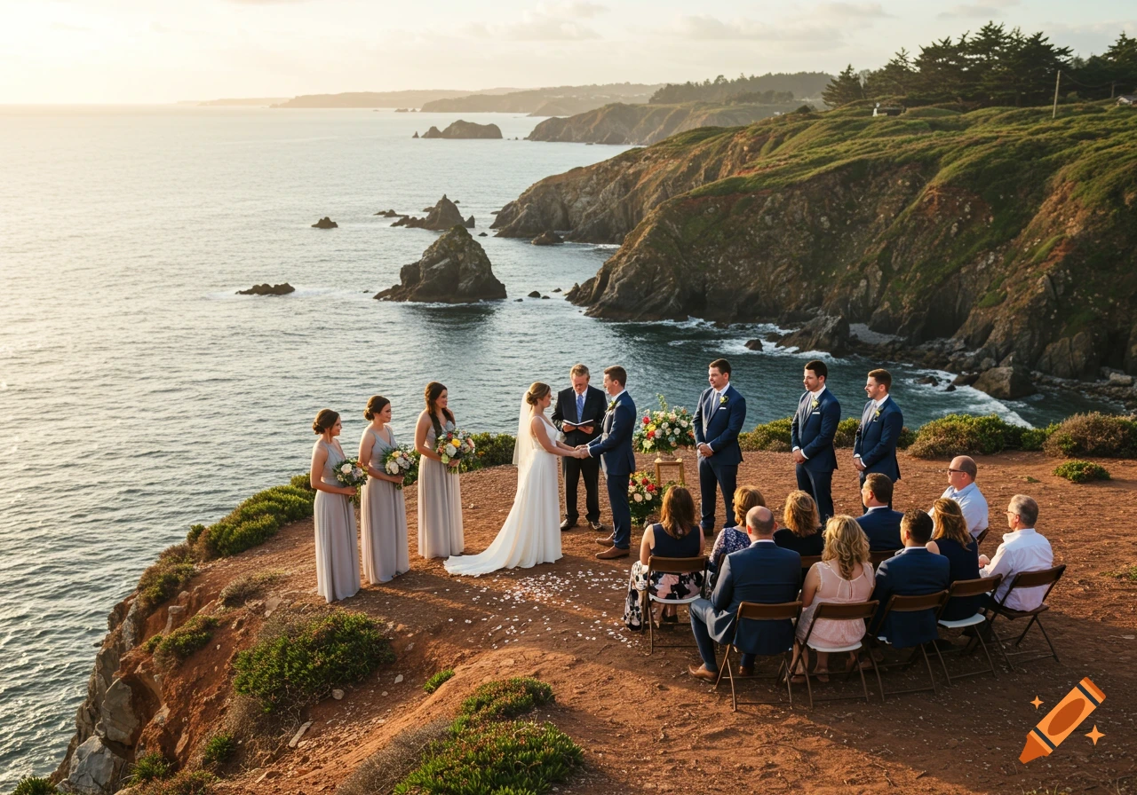 A wedding ceremony on a cliff overlooking the ocean at sunset.