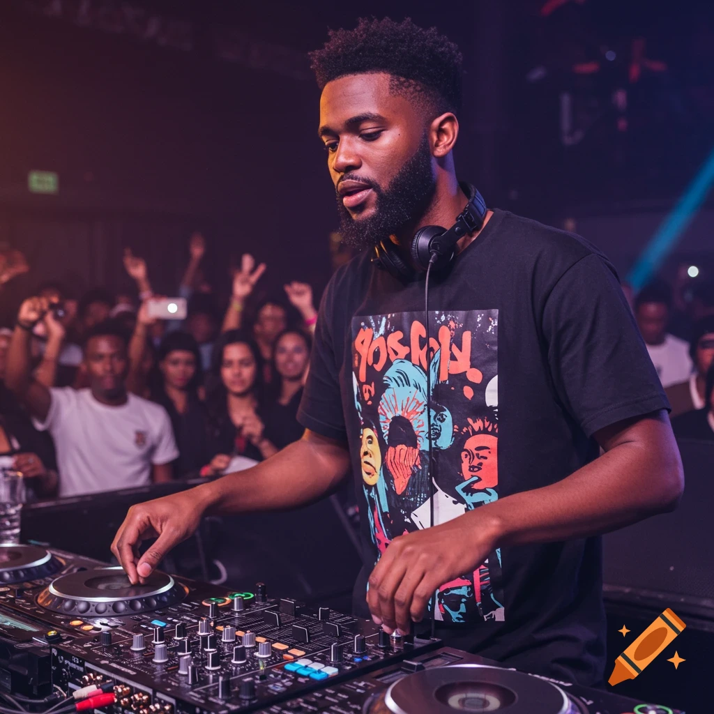 A young man DJing at a crowded club, wearing headphones and a graphic t-shirt.