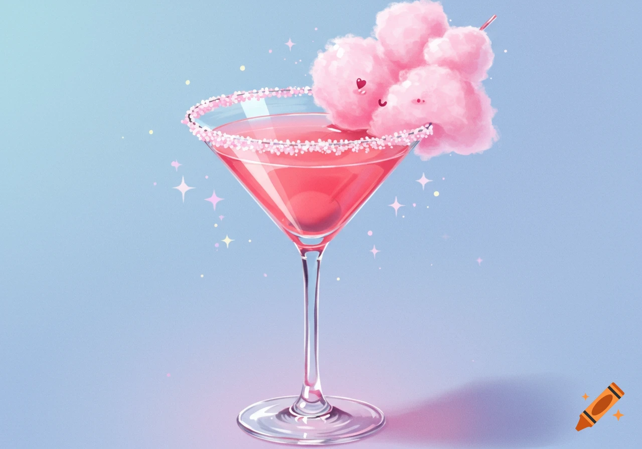 A pink drink in a martini glass topped with cute cotton candy shapes and sparkles on a gradient background.