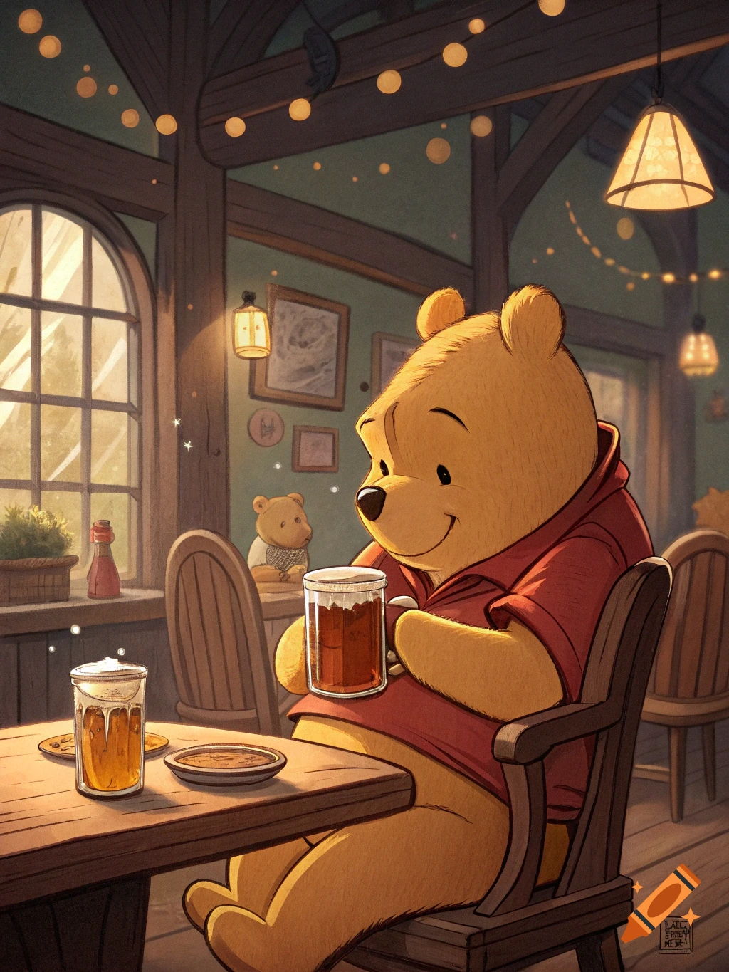 Winnie the Pooh sits at a table in a dimly lit tavern, holding a pint glass.