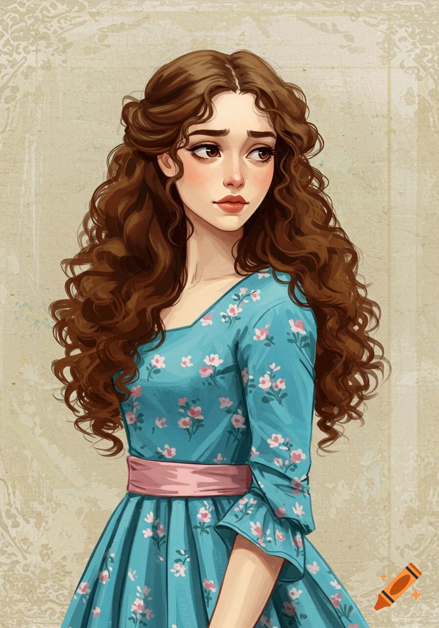 Illustration of a woman with long curly brown hair wearing a blue ...