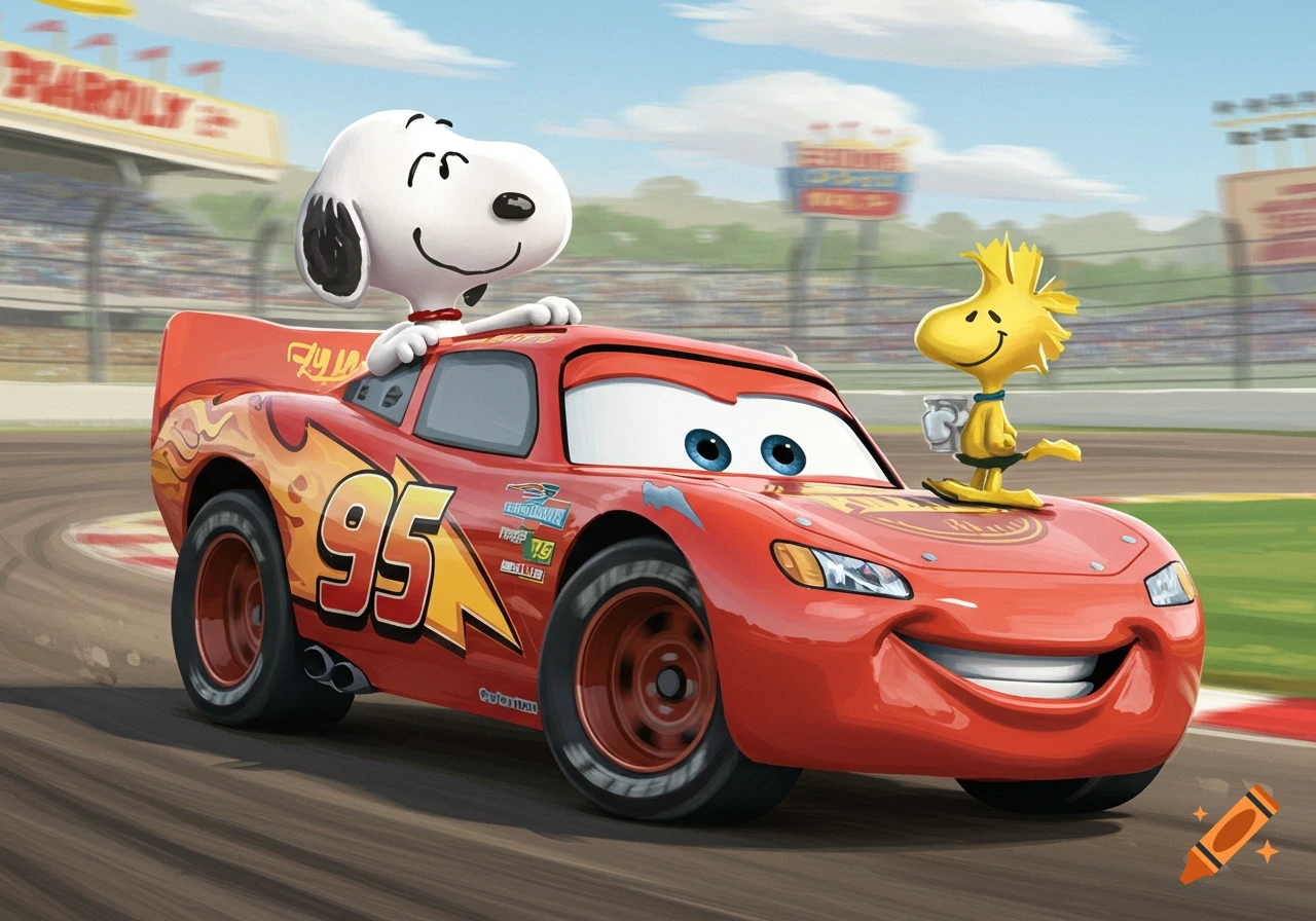 Snoopy and Woodstock riding on Lightning McQueen's roof and hood on a race track