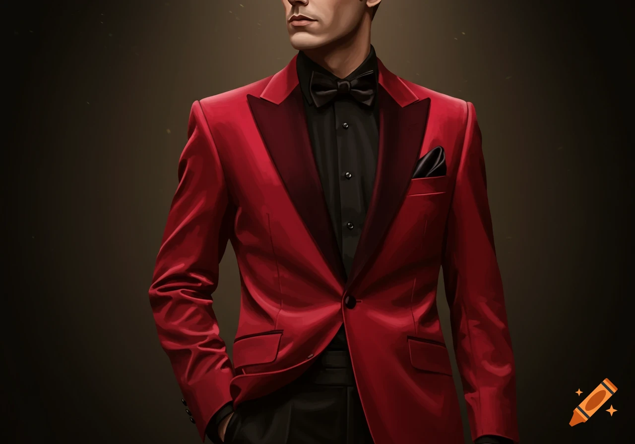 Man in a red tuxedo jacket with black lapels, black shirt, black bow tie, and black pocket square. Stylized digital illustration.