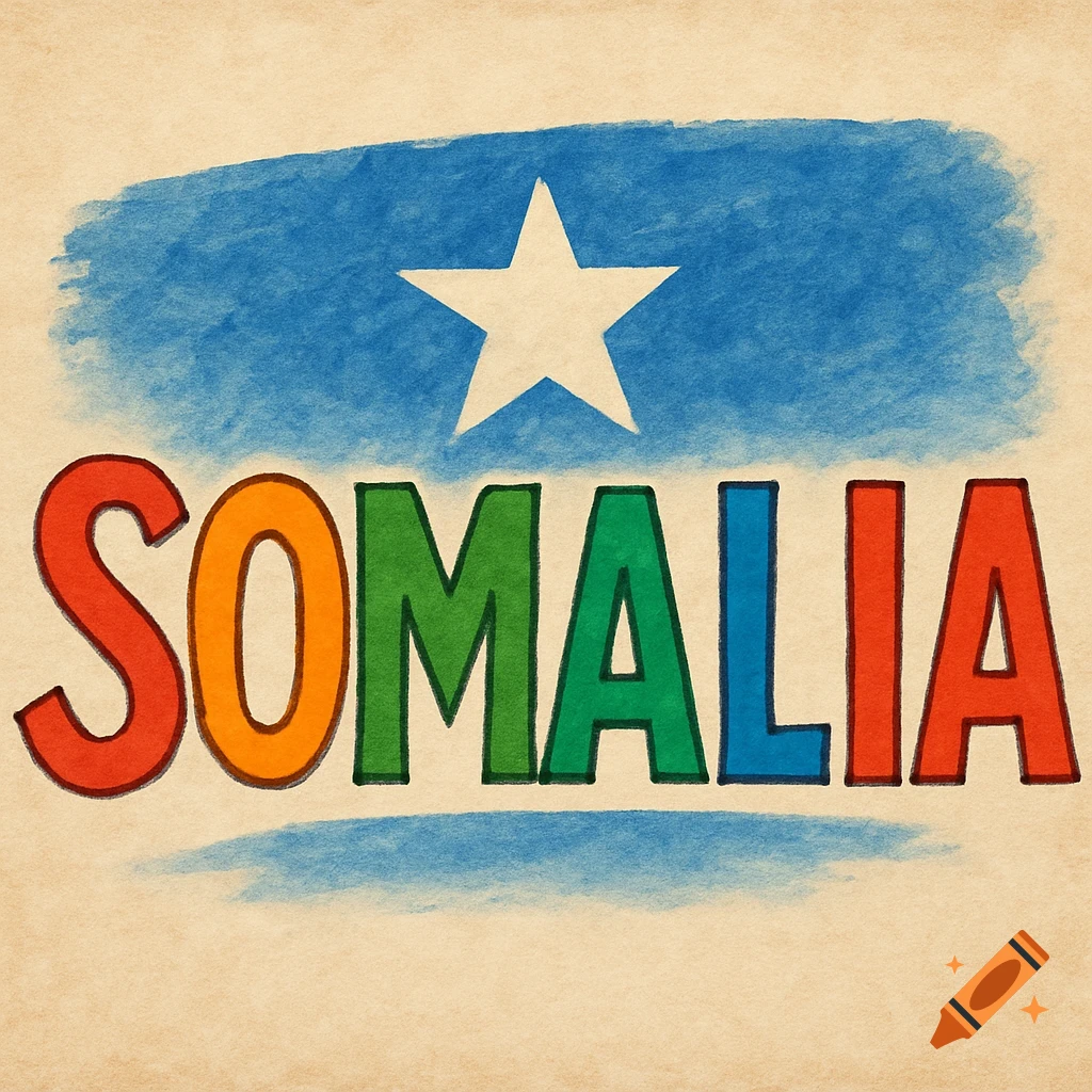 Colorful text "SOMALIA" above a blue background with a white star, on a textured paper background, in a crayon or watercolor style.